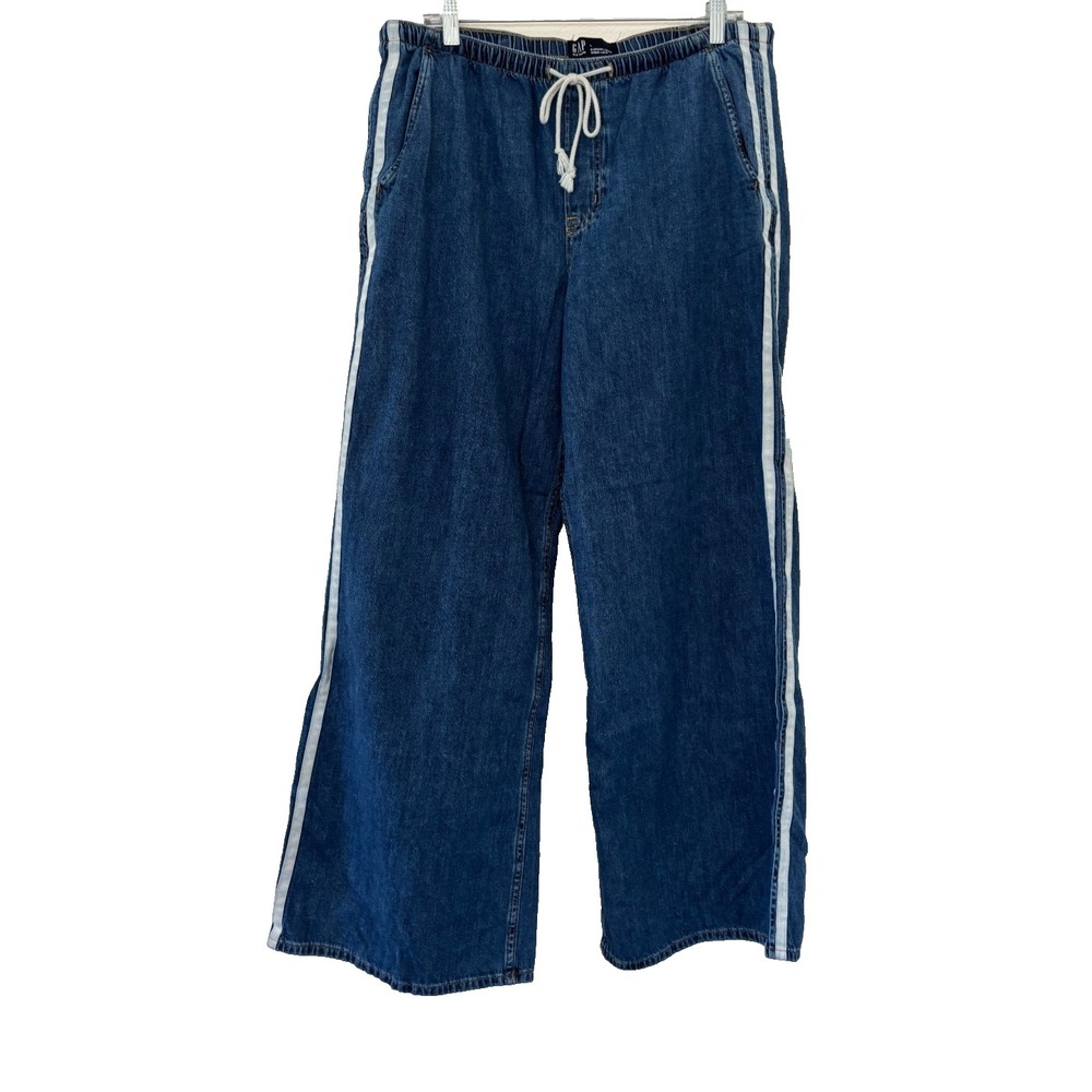 Gap Jeans Large Blue Superlight Pull On Wide Leg Side Stripe Coastal Grandmother